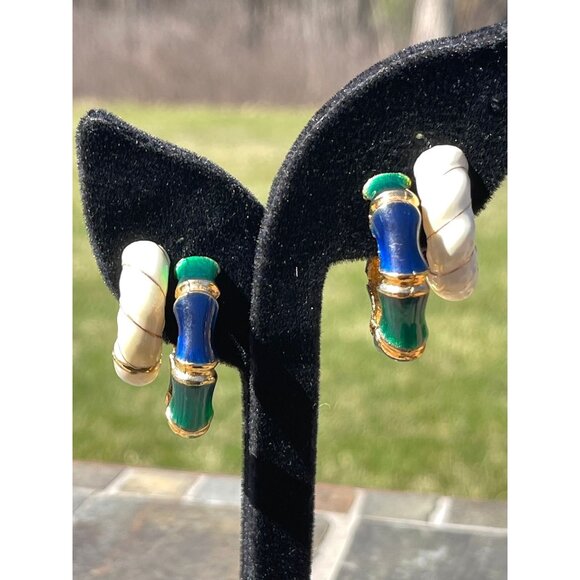 Vintage 1970's Gold Blue Green Enamel Metal Earrings Non Pierce Clip On Earrings - Picture 2 of 5